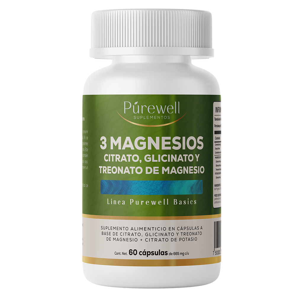 3 Magnesios con Potasio | Citrato, Glicinato y Treonato de Magnesio adicionado con Citrato de Potasio | 60 Cápsulas | Alta Absorción | Purewell Basics