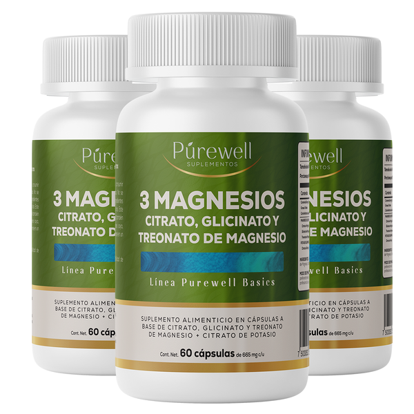 3 Magnesios con Potasio | Citrato, Glicinato y Treonato de Magnesio adicionado con Citrato de Potasio | 60 Cápsulas | Alta Absorción | Purewell Basics